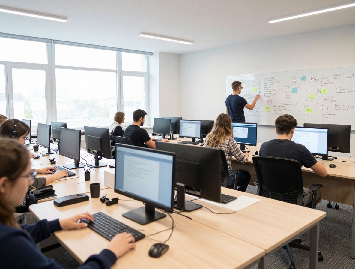 Nowoczesna przestrzeń do pracy z otwartym planem — biurka z laptopami, tablice z notatkami, ciepłe światło przez duże okna, atmosfera skupionej pracy redakcyjnej