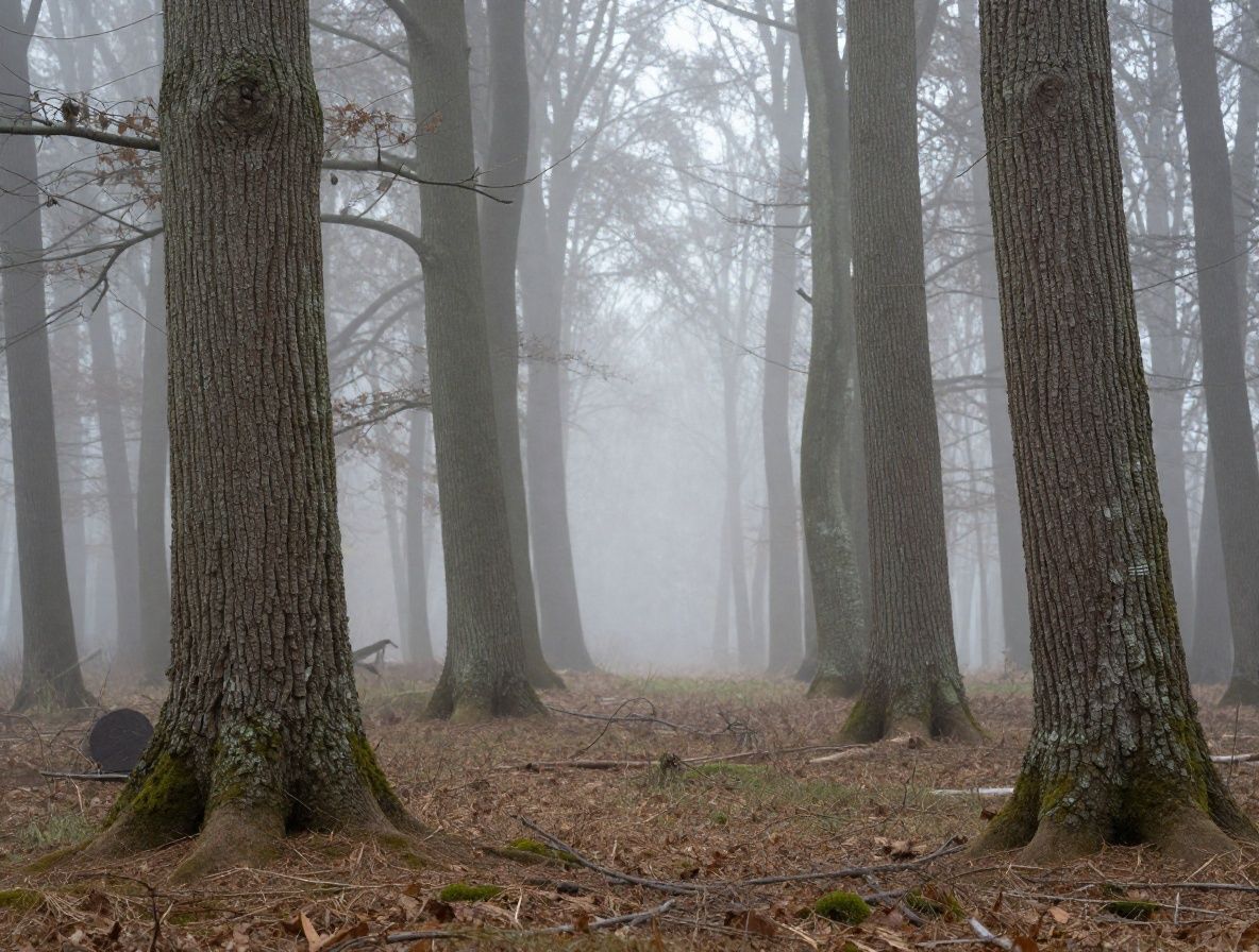 Mistyczny las z promieniami słońca przebijającymi się przez gęsty baldachim koron drzew, mgła przy ziemi, atmosfera spokoju i natury