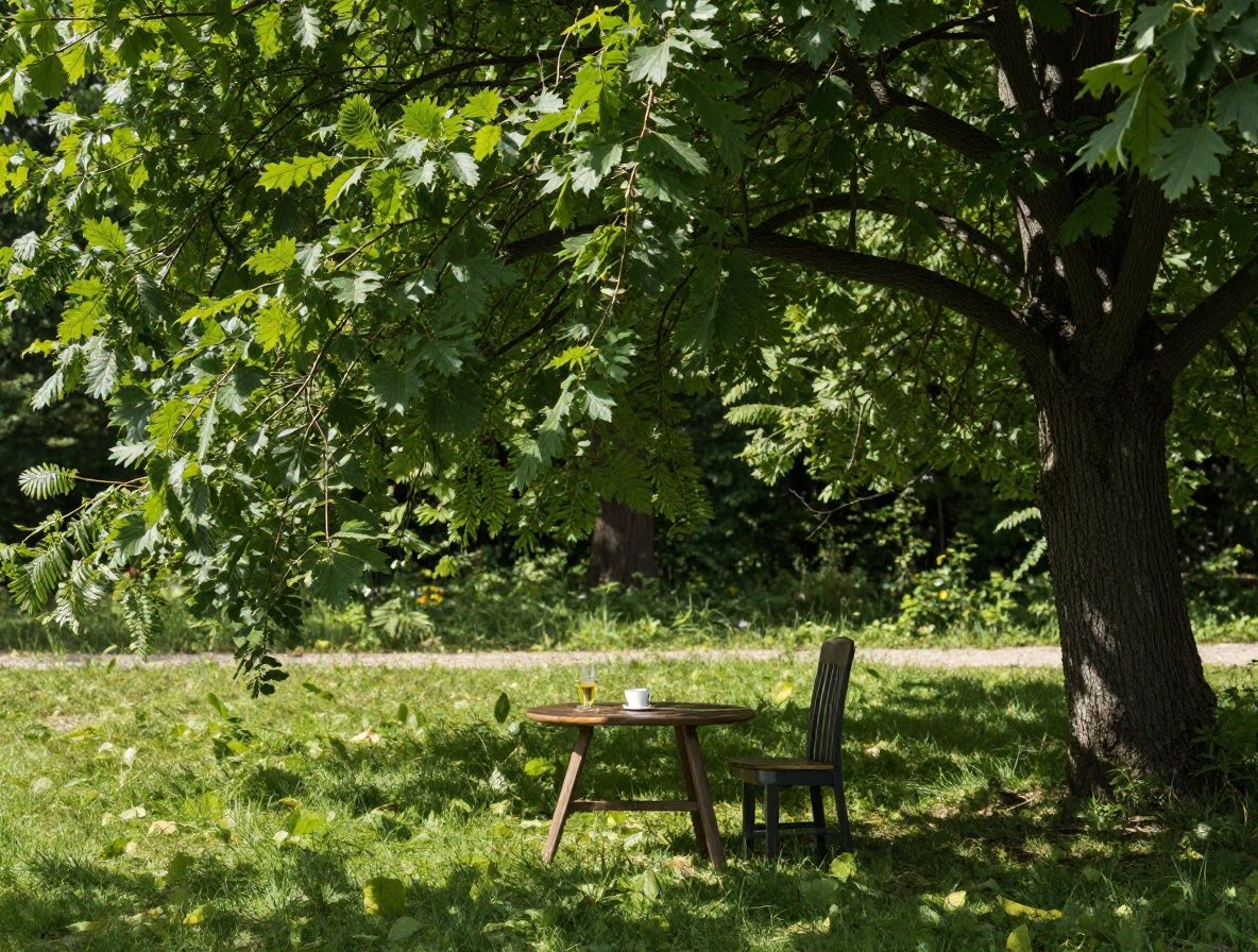 Poranna rutyna: kubek herbaty na stole przy otwartym oknie z widokiem na zieleń, ciepłe poranne światło, spokojny i refleksyjny nastrój
