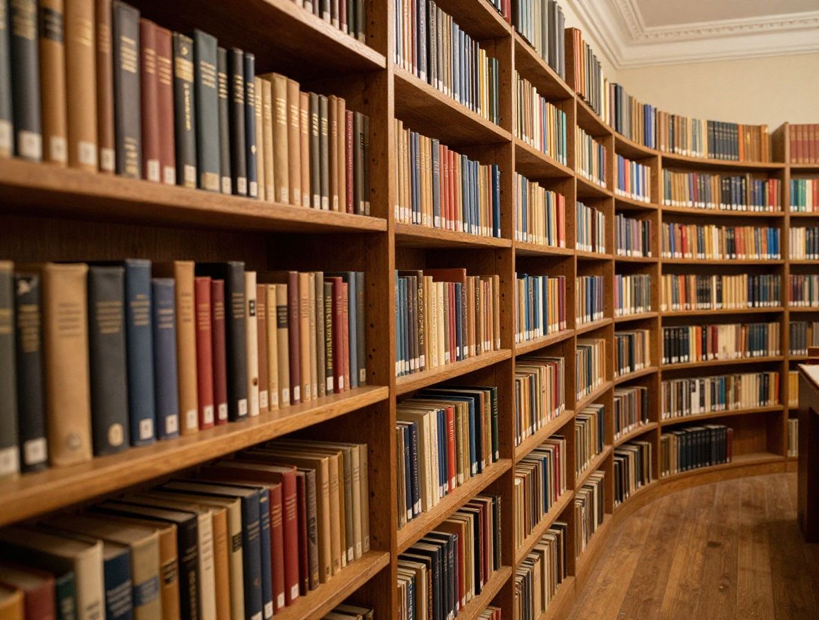 Stara biblioteka naukowa z rzędami grubych oprawnych ksiąg, ciepłe złote światło padające na półki, głęboka perspektywa regałów, atmosfera spokoju i wiedzy