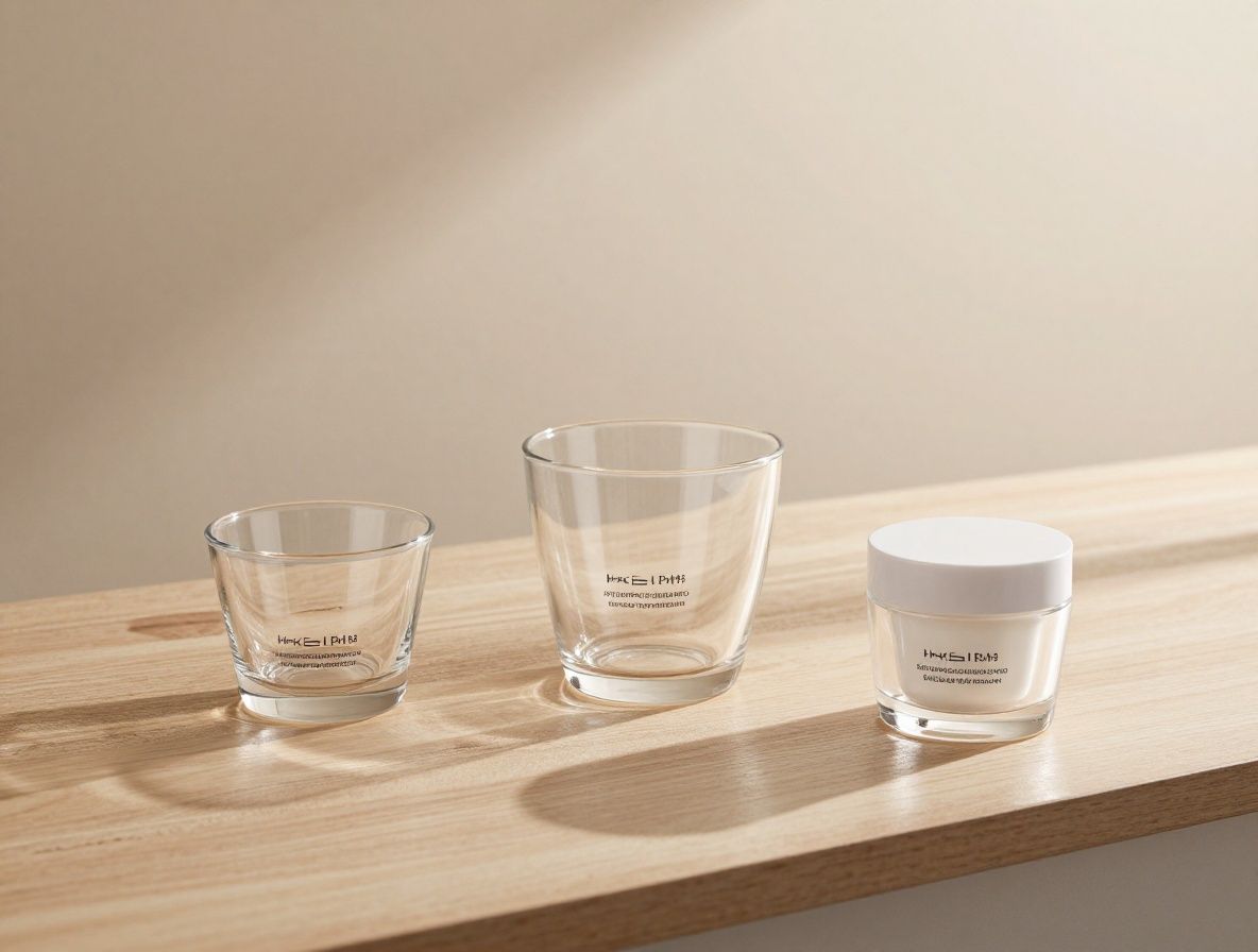 Elegancka kompozycja szklanych słoiczków i flakonów z kremami na marmurowej powierzchni, miękkie naturalne światło akcentujące przezroczystość opakowań, minimalistyczna estetyka